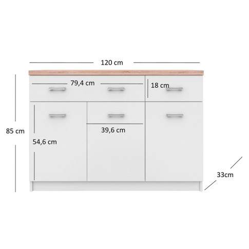 wymiary białej komody trzydrzwiowej z 2 szufladami 120cm Ontario 9X