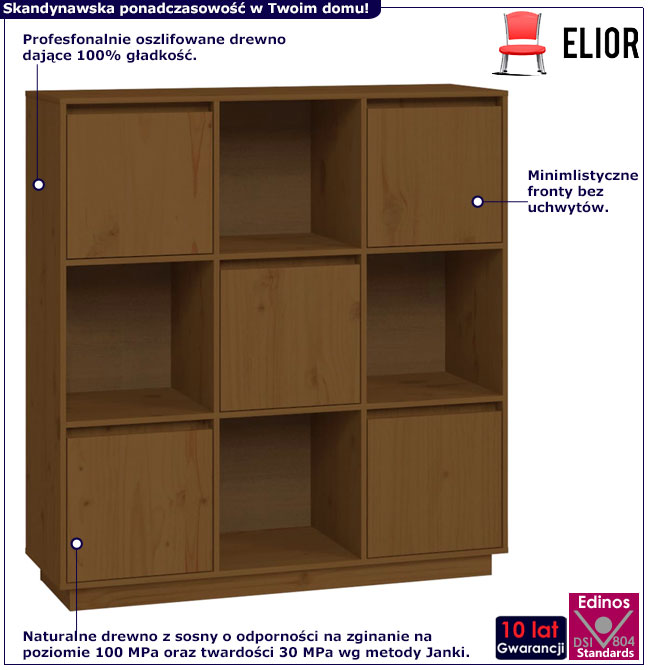 Infografika sosnowego regału kwadrat z 5 szafkami miodowy brąz Sorik 6X