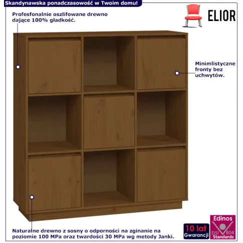 Infografika regału drewnianego z szafkami miodowy brąz Ovos 6X