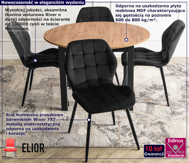 Okrągły stół z 4 czarnymi krzesłami Puvis