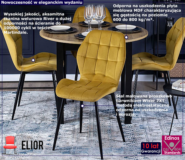 Okrągły stół z 4 żółtymi krzesłami Puvis