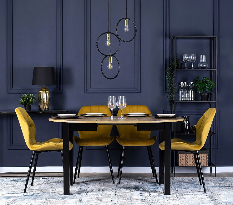 Rozkładany okrągły stół z krzesłami musztardowymi Puvis