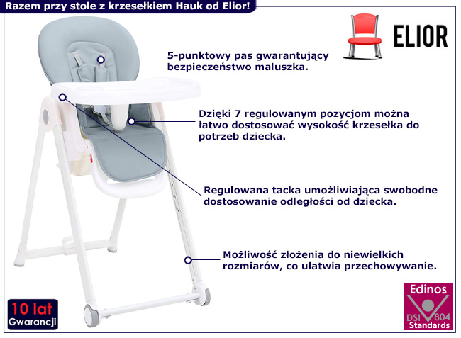 Regulowane krzesełko do karmienia Hauk kolor jasnoszary