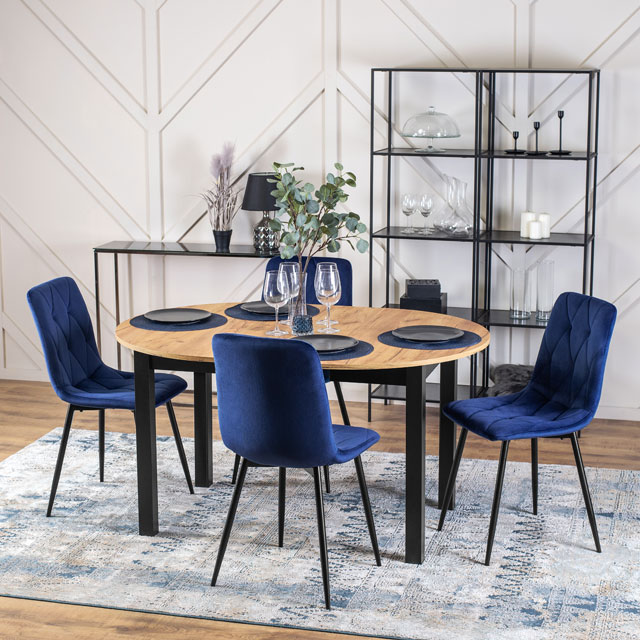 Rozkładany okrągły stół z welurowymi krzesłami Ontario