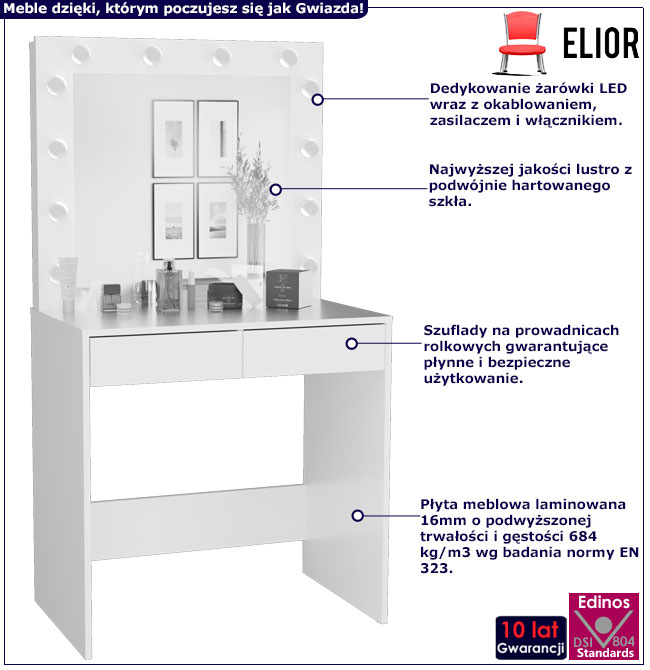 Infografika białej toaletki z lustrem led Wenus 3X