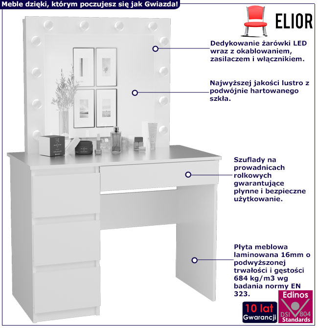 Infografika białej toaletki z lustrem led i szufladami Wenus 4X