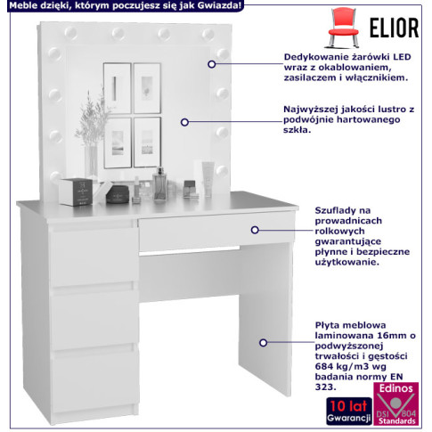 Infografika białej toaletki z szufladami i lustrem z żarówkami led Lotaro 4X
