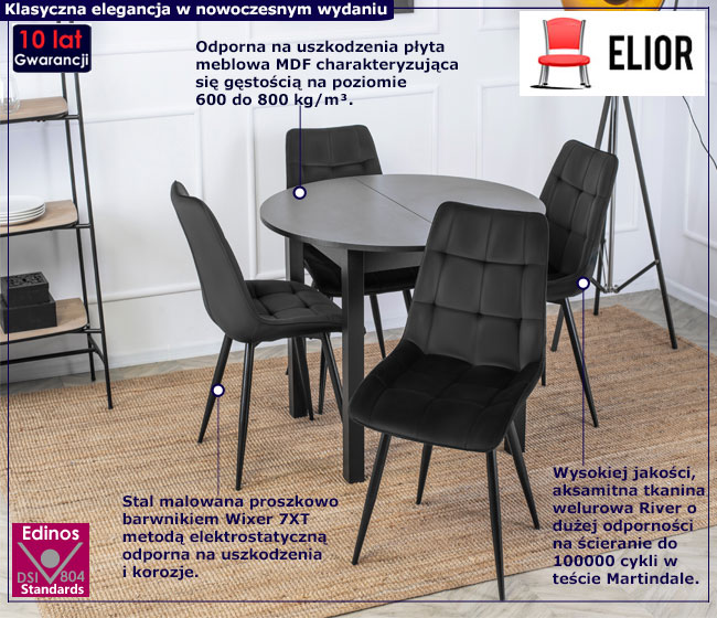 Okrągły czarny rozkładany stół z 4 welurowymi krzesłami Glamos