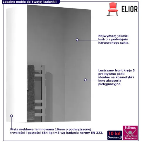 Infografika białej szafki łazienkowej z lustrzanym frontem Polagros 3X