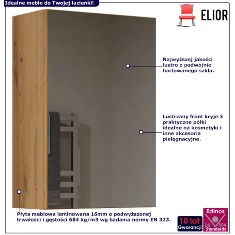 Infografika szafki łazienkowej z lustrzanym frontem dąb artisan Polagros 3X