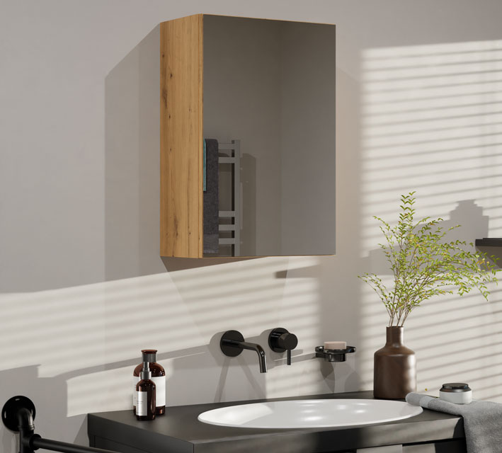 Łazienka z zastosowaniem szafki z lustrem nad umywalkę dąb artisan Polagros 3X