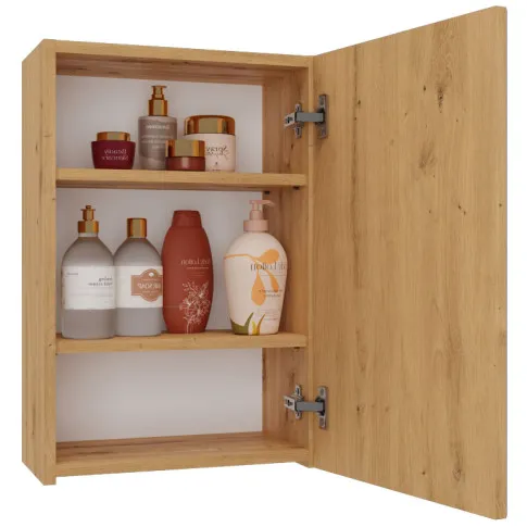 Wnętrze szafki łazienkowej ściennej z pojedynczym lustrzanym frontem dąb artisan Polagros 3X