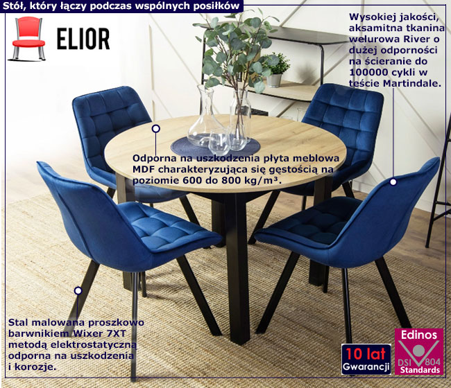 Okrągły rozkładany stół z 4 granatowymi krzesłami Flegris