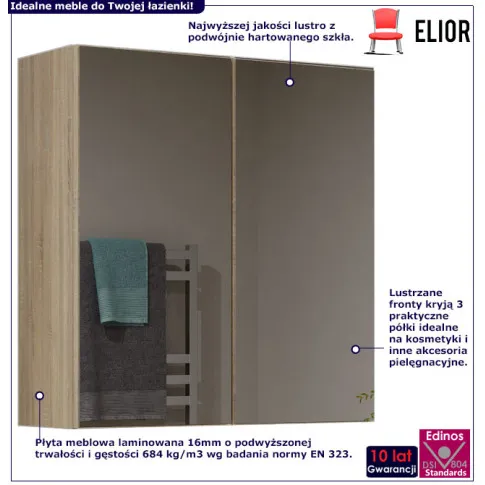 Infografika szafki do łazienki z lustrzanymi frontami dąb sonoma Polagros 4X