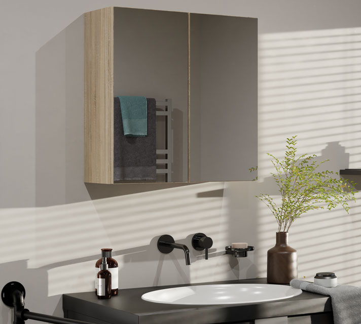Łazienka z zastosowaniem szafki z lustrem nad umywalkę sonoma Polagros 4X