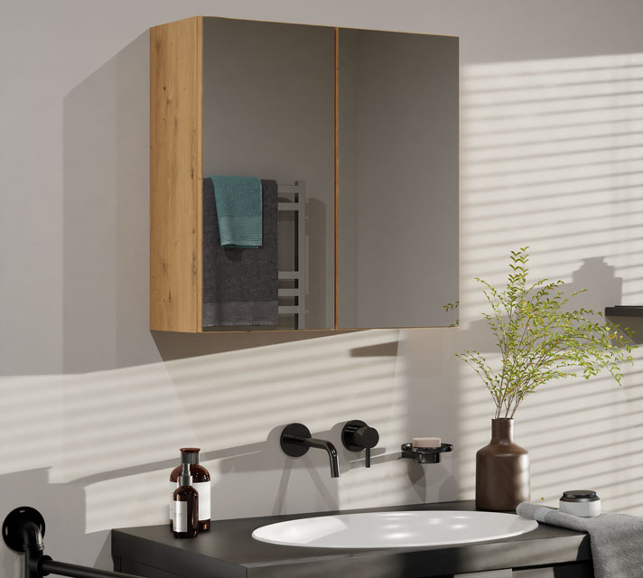 Łazienka z zastosowaniem szafki z lustrem nad umywalkę artisan Polagros 4X