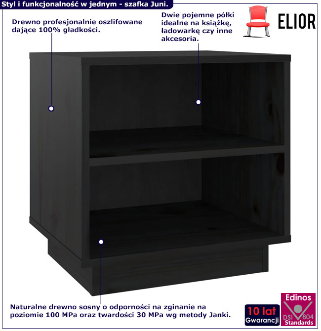 Infografika czarnej drewnianej szafki nocnej Ozela