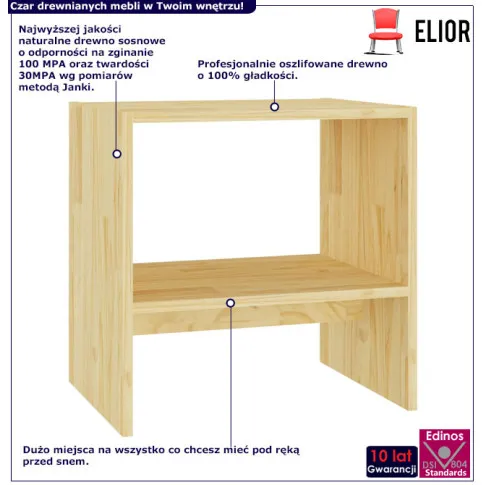 Infografika drewnianego stolika nocnego z półką Xano