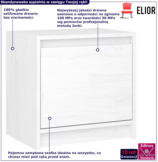 Infografika białej zamykanej szafki nocnej z litego drewna Iris