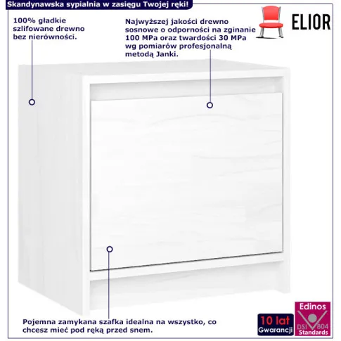 Infografika białej drewnianej szafki nocnej z 2 szufladami Veco