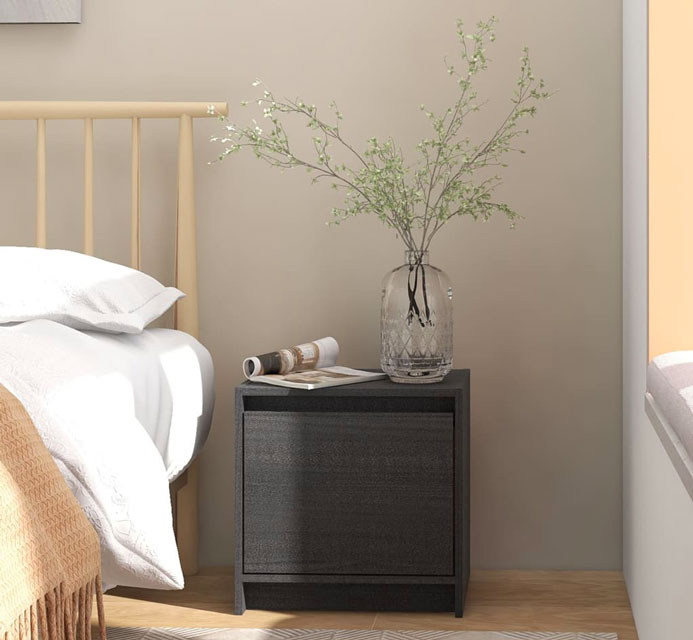 Sypialnia skandynawska z wykorzystaniem drewnianej szafki szarej Iris