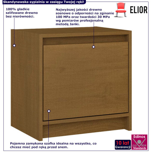 Infografika drewnianej szafki nocnej z 2 szufladami miodowy brąz Veco