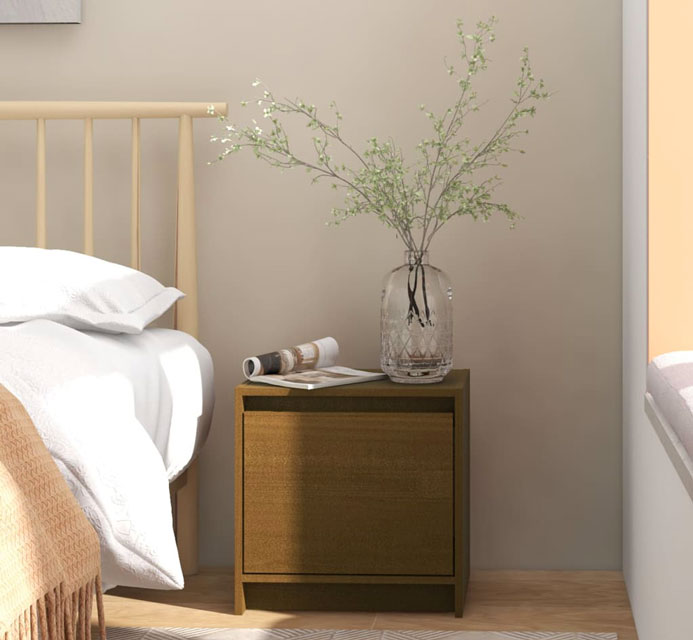 Sypialnia skandynawska z wykorzystaniem drewnianej szafki miodowy brąz Iris