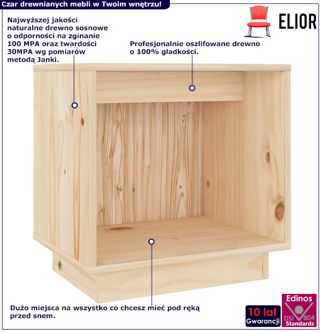 Infografika naturalnej drewnianej szafki nocnej z otwartą półką Fono