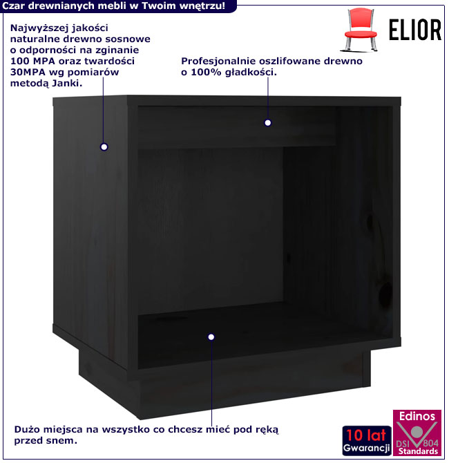 Infografika czarnej szafki nocnej z otwartą półką Bakin