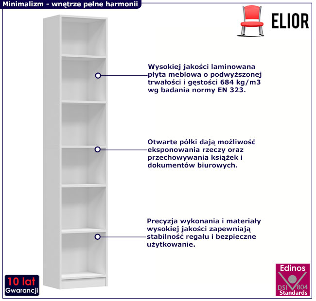 Biały wąski otwarty regał na książki Clarity 6X