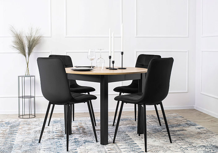 Rozkładany okrągły stół z 4 welurowymi czarnymi krzesłami Epox