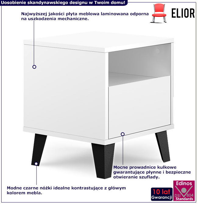 Infografika białej szafki nocnej na czarnych nóżkach Hallor 3X