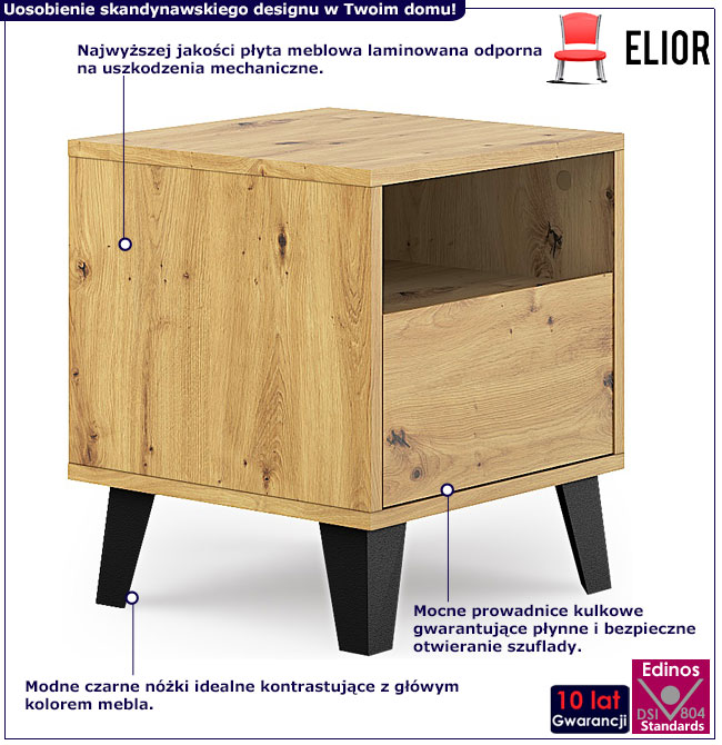 Infografika szafki nocnej na czarnych nóżkach dąb artisan Hallor 3X