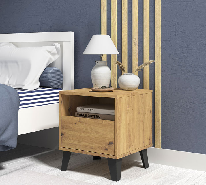 Skandynawska sypialnia z wykorzystaniem stolika nocnego dąb artisan Hallor 3X