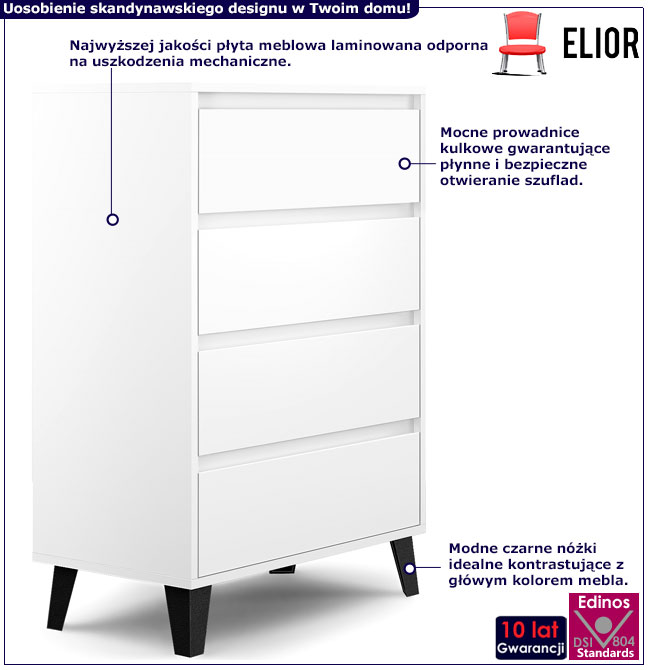 Infografika komody z 4 szufladami na nóżkach białej Hallor 5X