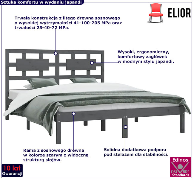 szare podwójne łóżko sosnowe 140x200 Wexa 5X