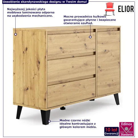 Infografika komody z 3 szufladami i szafka dąb artisan Nomari 7X