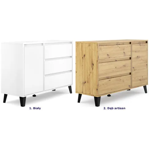 Kolory komody na nóżkach z 3 szufladami i szafką Nomari 7X