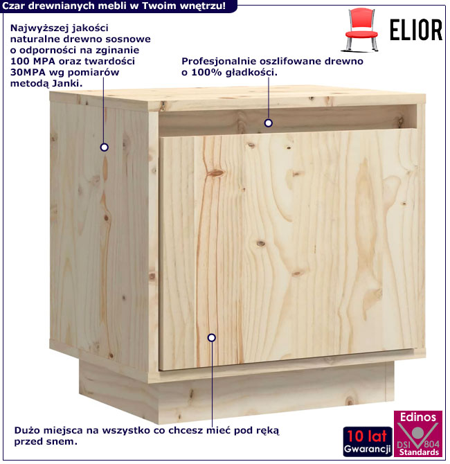 Infografika naturalnej drewnianej szafki nocnej do sypialni Vefo
