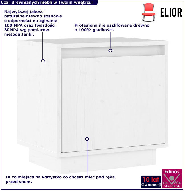 Infografika białej drewnianej szafki nocnej do sypialni Vefo
