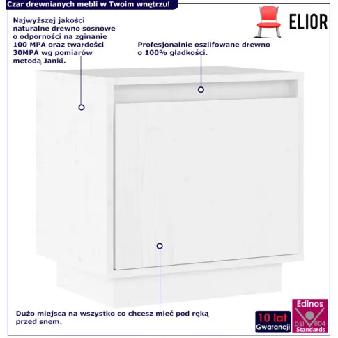 Infografika białej zamykanej szafki nocnej z litego drewna Vefo