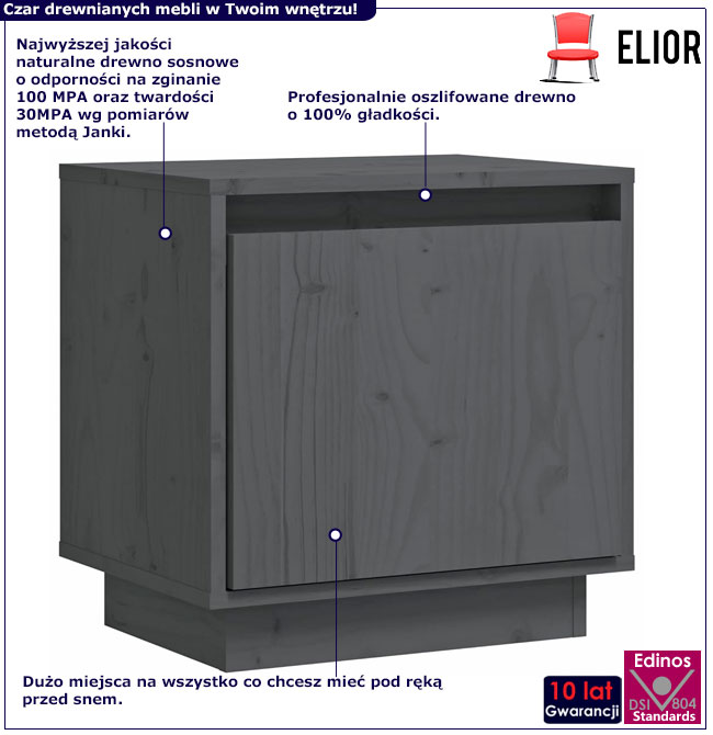 Infografika szarej drewnianej szafki nocnej do sypialni Nivela