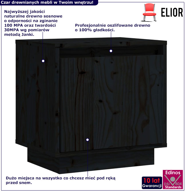 Infografika czarnej drewnianej szafki nocnej do sypialni Vefo
