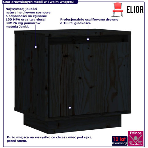 Infografika czarnej zamykanej szafki nocnej z litego drewna Vefo