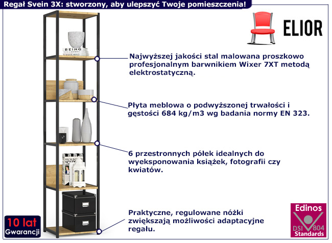 Wąski regał z otwartymi półkami Svein 3X czarny+dąb artisan