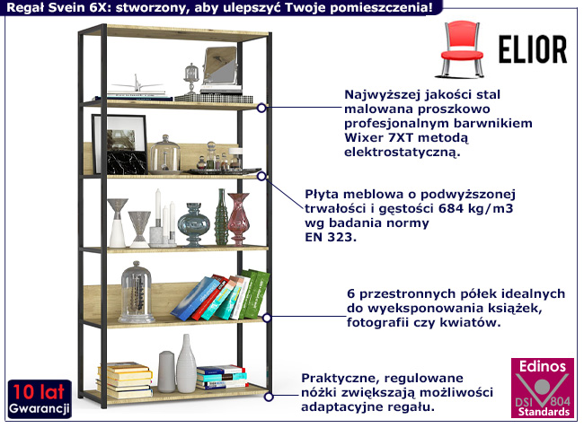 Wąski regał z otwartymi półkami Olav 6X czarny+dąb artisan