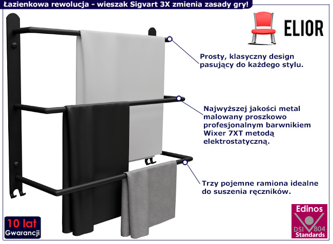 Czarny wieszak łazienkowy na ręczniki Sigvart 3X