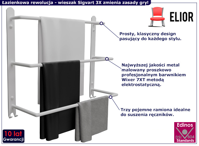 Biały wieszak łazienkowy na ręczniki Sigvart 3X