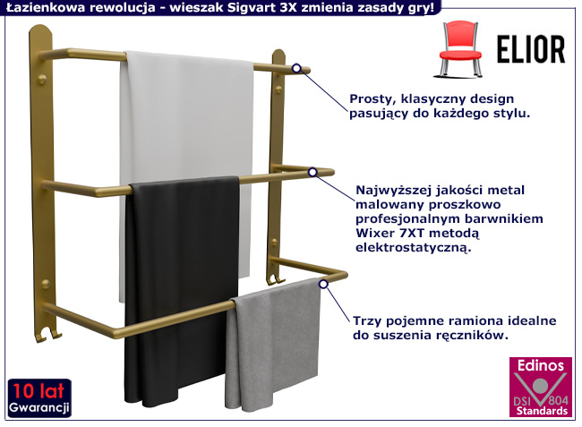 Złoty wieszak łazienkowy na ręczniki Diflora 3X