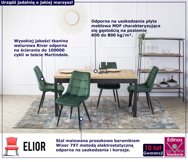 Prostokątny rozkładany stół i 4 welurowe krzesła Asaki